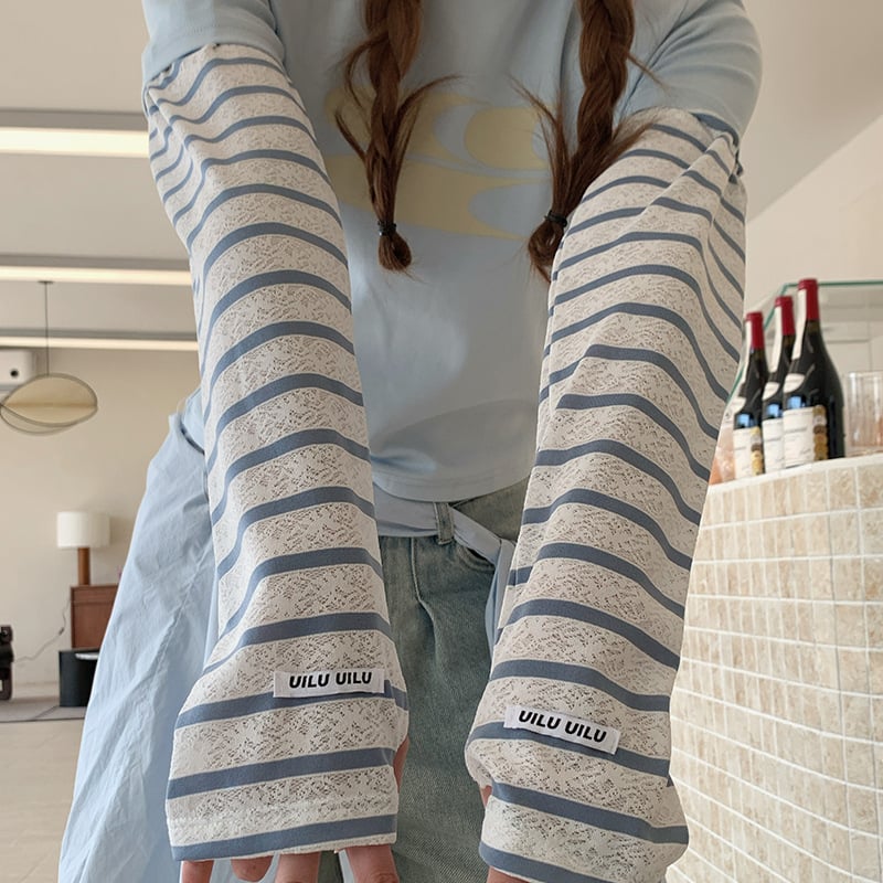 Слънцезащитни охлаждащи ръкави с райета и дантелен маншет — за открити занимания (полиестерно влакно · пролет 2025 · минималистичен стил · UV защита)