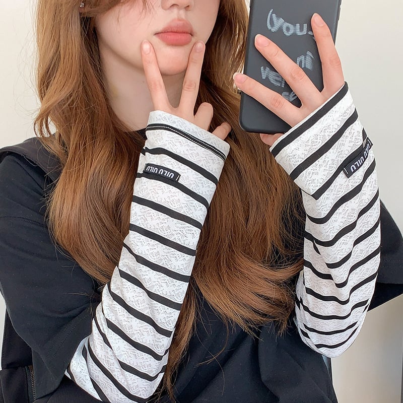 Слънцезащитни охлаждащи ръкави с райета и дантелен маншет — за открити занимания (полиестерно влакно · пролет 2025 · минималистичен стил · UV защита)