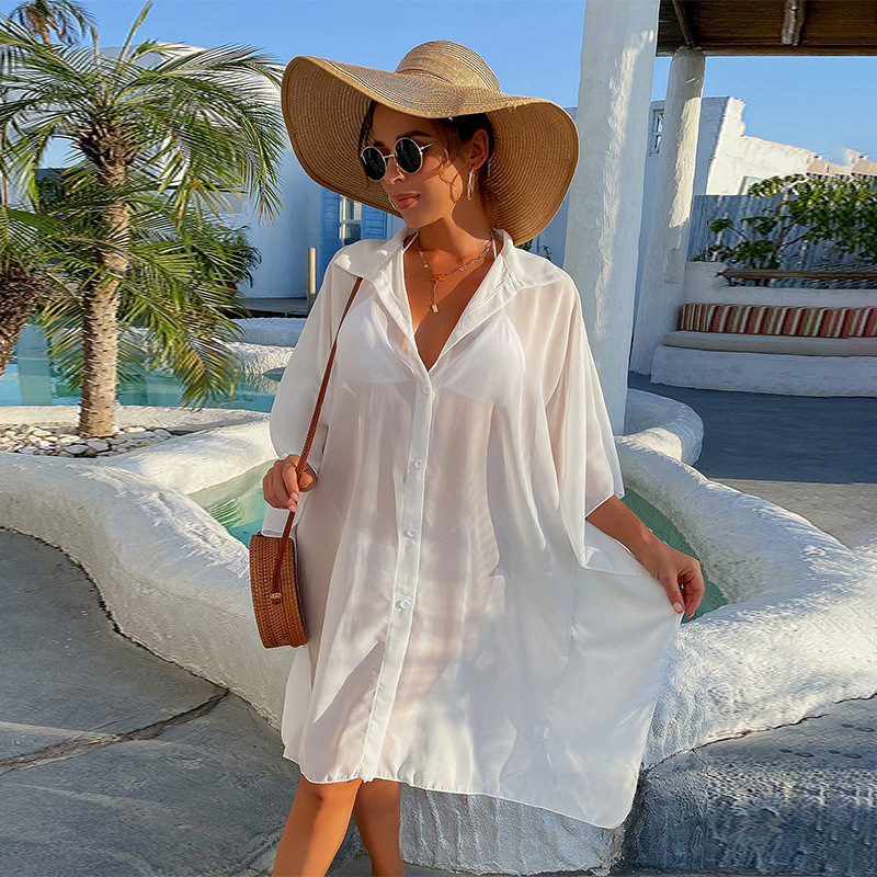 Lagano krojena plažna košulja-krevet pokrivalo za sunčanje, šifon materijal, podstava od poliestera, težina 174 g, pogodna za fitness i plivanje, stil: plažni par kompleta