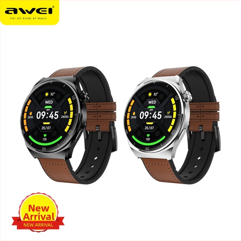 Смарт часовник с кожена каишка от естествена кожа, AMOLED дисплей, измерване на кислород в кръвта, сърдечен ритъм и кръвно налягане