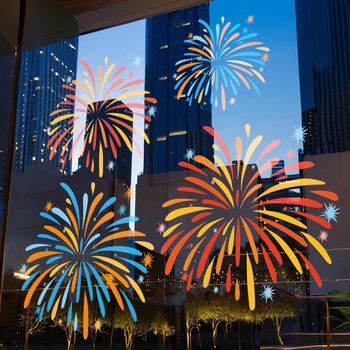 Elektrostatický nálep na okno — sviatočný vzor ohňostroja, PVC materiál, elektrostatické lepenie, sviatočný motív, moderný minimalistický štýl, vhodný do obývačky, do spálne, do komerčných priestorov