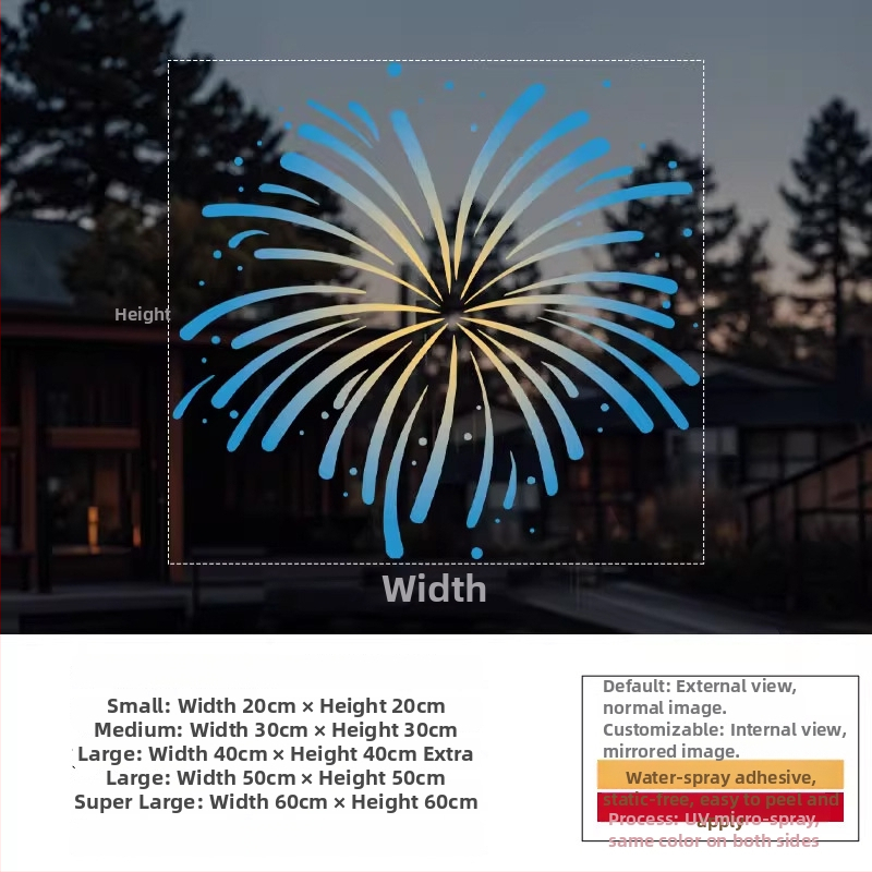 Elektrostatický nálep na okno — sviatočný vzor ohňostroja, PVC materiál, elektrostatické lepenie, sviatočný motív, moderný minimalistický štýl, vhodný do obývačky, do spálne, do komerčných priestorov