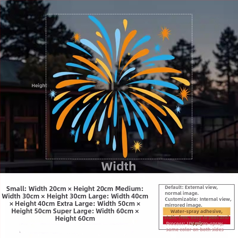Elektrostatický nálep na okno — sviatočný vzor ohňostroja, PVC materiál, elektrostatické lepenie, sviatočný motív, moderný minimalistický štýl, vhodný do obývačky, do spálne, do komerčných priestorov