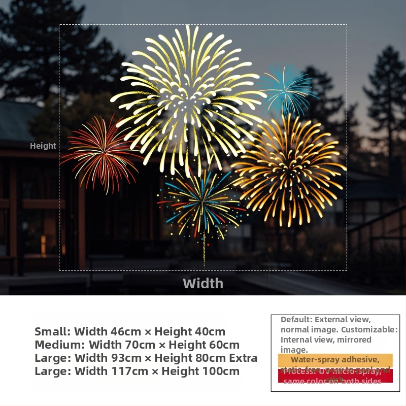 Elektrostatický nálep na okno — sviatočný vzor ohňostroja, PVC materiál, elektrostatické lepenie, sviatočný motív, moderný minimalistický štýl, vhodný do obývačky, do spálne, do komerčných priestorov