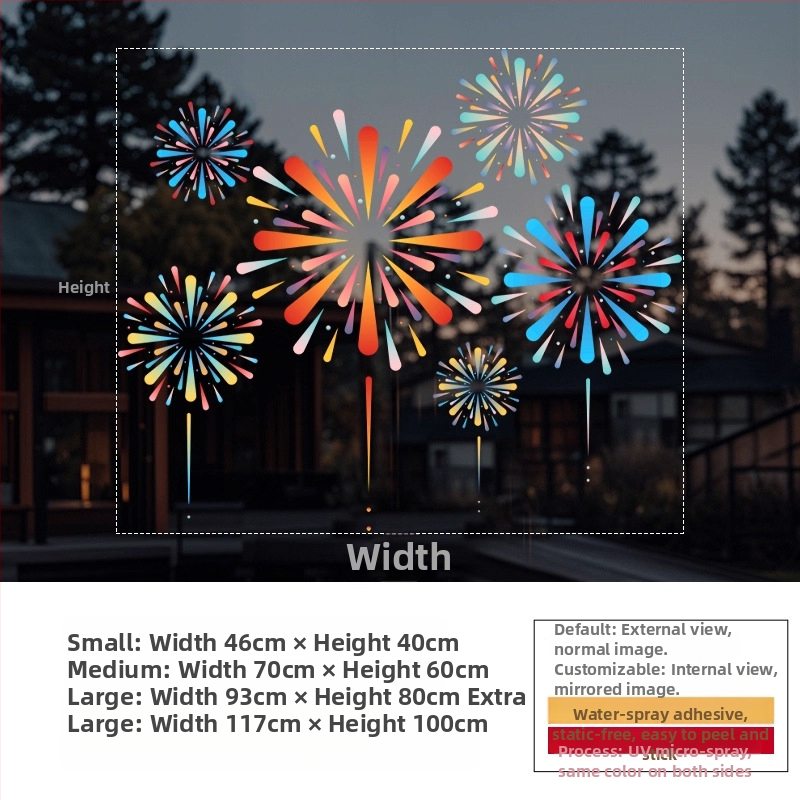 Elektrostatický nálep na okno — sviatočný vzor ohňostroja, PVC materiál, elektrostatické lepenie, sviatočný motív, moderný minimalistický štýl, vhodný do obývačky, do spálne, do komerčných priestorov