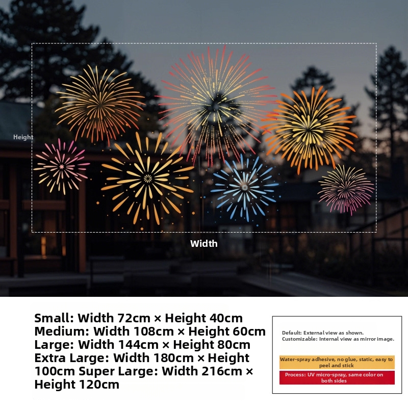 Elektrostatický nálep na okno — sviatočný vzor ohňostroja, PVC materiál, elektrostatické lepenie, sviatočný motív, moderný minimalistický štýl, vhodný do obývačky, do spálne, do komerčných priestorov