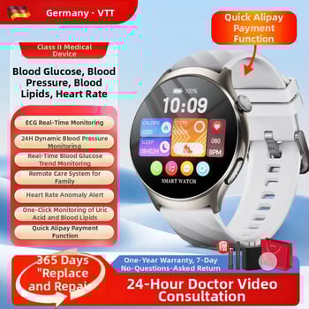 Смарт часовник за здравословен мониторинг: измерване на кръвно налягане, сърдечна честота, кислород в кръвта, кръвна захар, мониторинг на съня (AMOLED дисплей; 440 mAh; живот на батерията 7–14 дни; корпус от алуминиев сплав; водоустойчив)