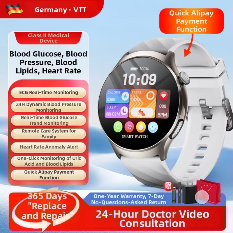 Смарт часовник за здравословен мониторинг: измерване на кръвно налягане, сърдечна честота, кислород в кръвта, кръвна захар, мониторинг на съня (AMOLED дисплей; 440 mAh; живот на батерията 7–14 дни; корпус от алуминиев сплав; водоустойчив)