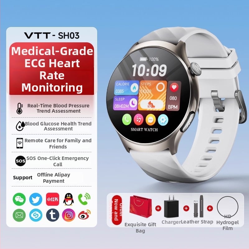 Смарт часовник за здравословен мониторинг: измерване на кръвно налягане, сърдечна честота, кислород в кръвта, кръвна захар, мониторинг на съня (AMOLED дисплей; 440 mAh; живот на батерията 7–14 дни; корпус от алуминиев сплав; водоустойчив)