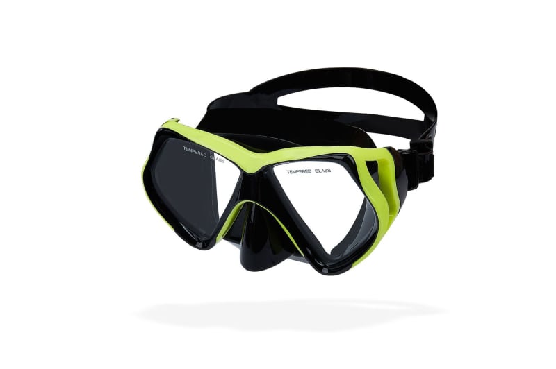 Μάσκα κατάδυσης ενηλίκων με πλαίσιο πολυκαρβονάτου, φακοί από θερμοενισχυμένο γυαλί, προστασία μύτης, βάρος 230 g