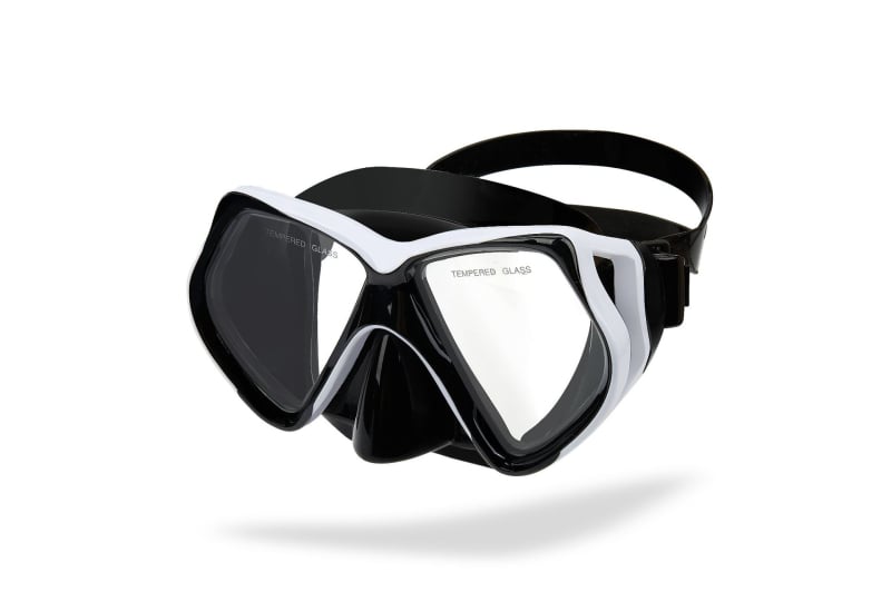 Μάσκα κατάδυσης ενηλίκων με πλαίσιο πολυκαρβονάτου, φακοί από θερμοενισχυμένο γυαλί, προστασία μύτης, βάρος 230 g