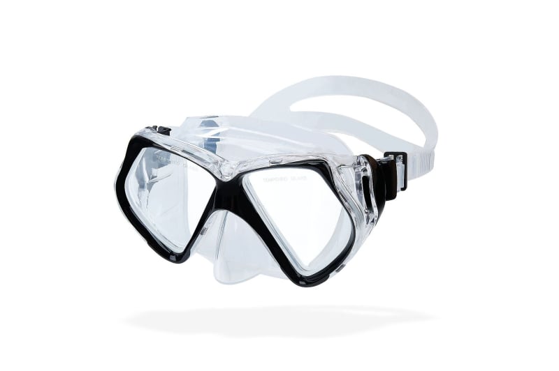 Μάσκα κατάδυσης ενηλίκων με πλαίσιο πολυκαρβονάτου, φακοί από θερμοενισχυμένο γυαλί, προστασία μύτης, βάρος 230 g
