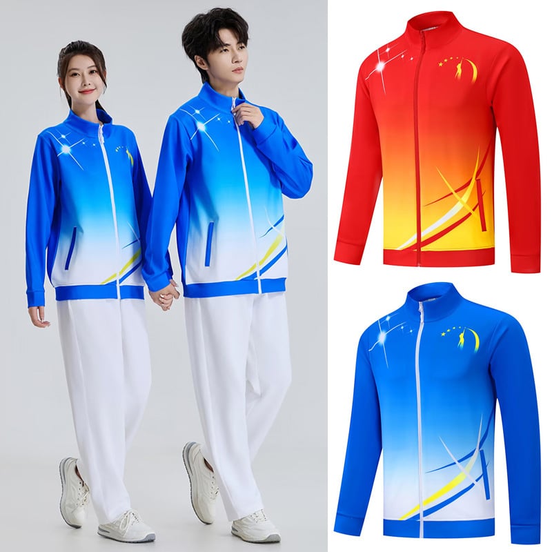 Unisex σετ αθλητικών ρούχων με ρίγες — μακρυμάνικο σακάκι и παντελόνια за τρέξιμο, μπιτμίντον και τένις (Φθινόπωρο/Χειμώνας/Άνοιξη) — ύφασμα νοτιοκορεατικό μετάξι-πολυεστέρας (92% πολυεστέρα)