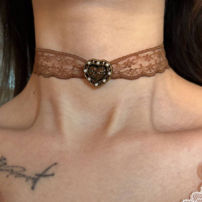 Čoker ogrlica s čipkom u retro geometrijskom stilu, miješani materijali, elektroplatiranje, jednostavan lanac, model Necklace 1522