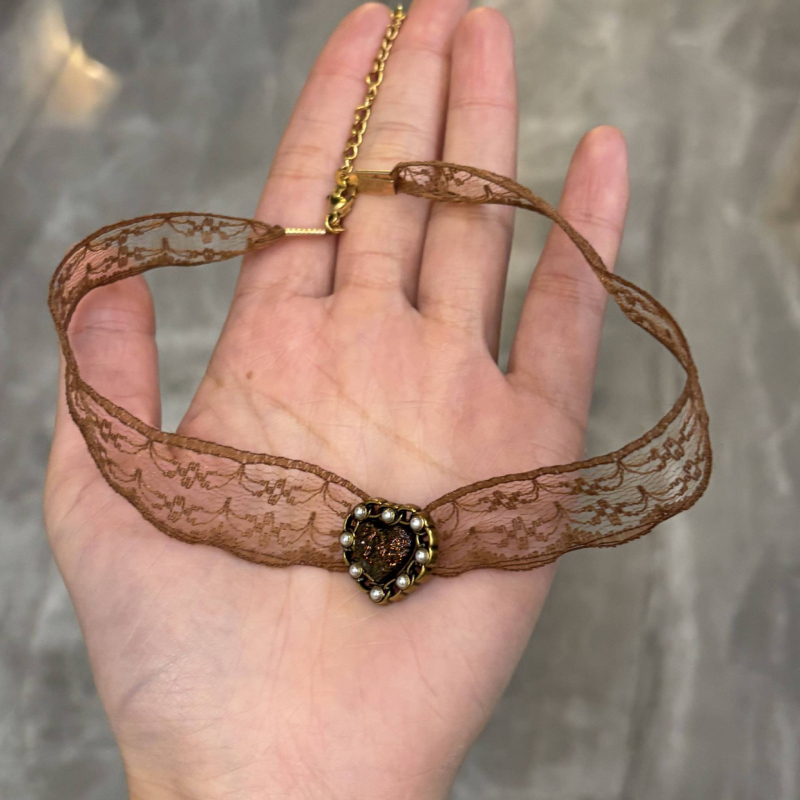 Čoker ogrlica s čipkom u retro geometrijskom stilu, miješani materijali, elektroplatiranje, jednostavan lanac, model Necklace 1522