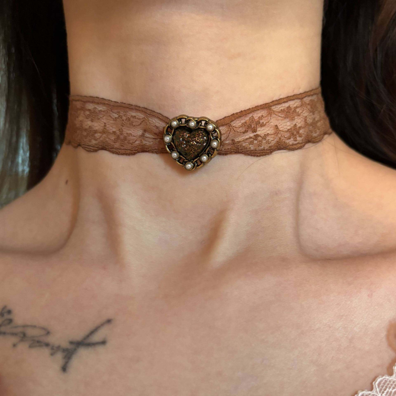 Čoker ogrlica s čipkom u retro geometrijskom stilu, miješani materijali, elektroplatiranje, jednostavan lanac, model Necklace 1522