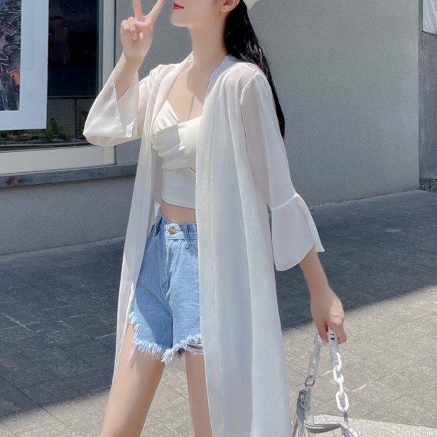 Дамски кардиган за защита от слънцето, chenille плат със спандекс, Windsor яка, ръкав 3/4, едноцветен модел