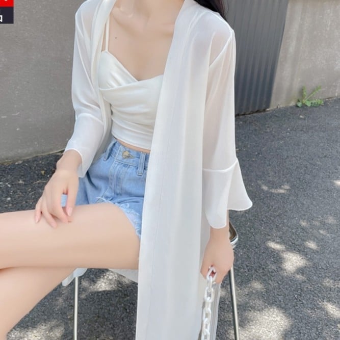 Дамски кардиган за защита от слънцето, chenille плат със спандекс, Windsor яка, ръкав 3/4, едноцветен модел