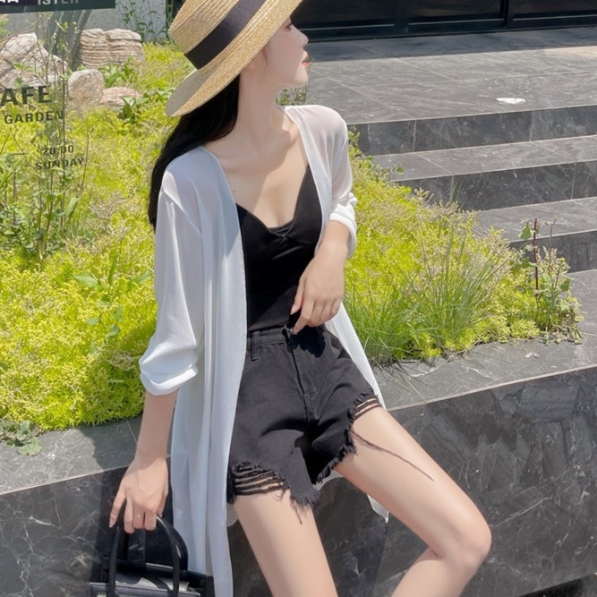 Дамски кардиган за защита от слънцето, chenille плат със спандекс, Windsor яка, ръкав 3/4, едноцветен модел