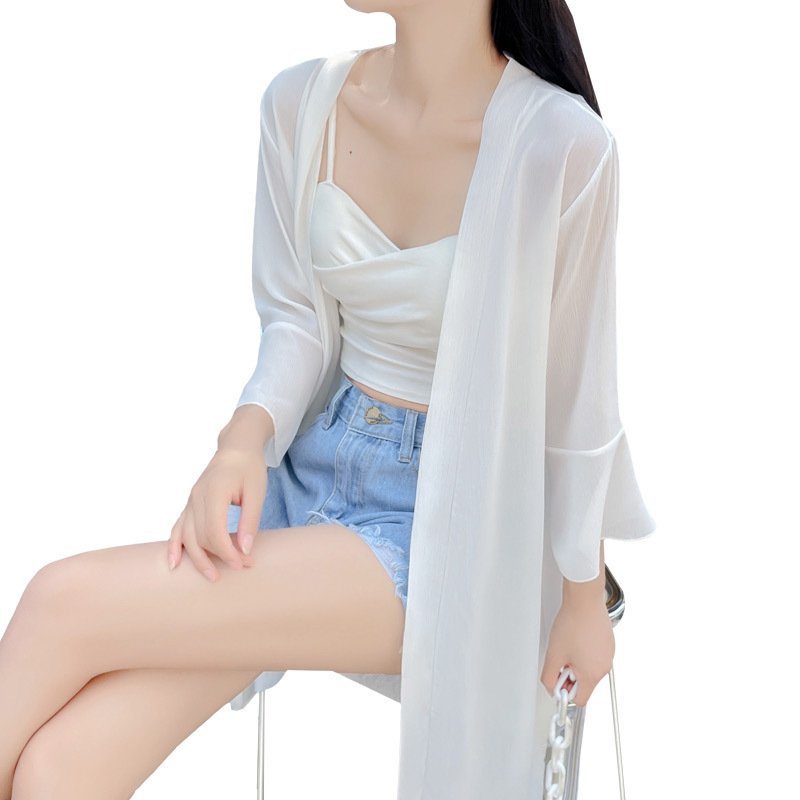 Дамски кардиган за защита от слънцето, chenille плат със спандекс, Windsor яка, ръкав 3/4, едноцветен модел