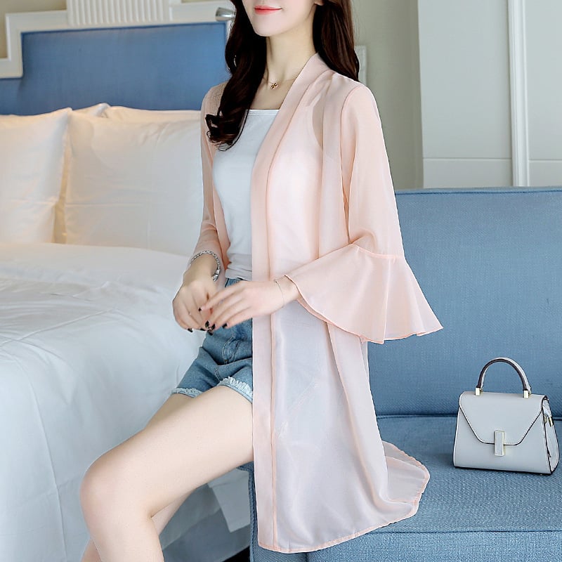 Дамски кардиган за защита от слънцето, chenille плат със спандекс, Windsor яка, ръкав 3/4, едноцветен модел