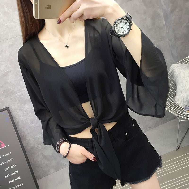 Дамски кардиган за защита от слънцето, chenille плат със спандекс, Windsor яка, ръкав 3/4, едноцветен модел