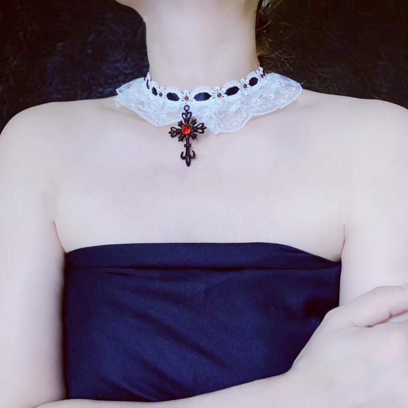 Ručno izrađeni čipkasti choker s križem, klavikularna lanac, za žene, sladak i cool stil, oblik: cvjetovi/geometrija