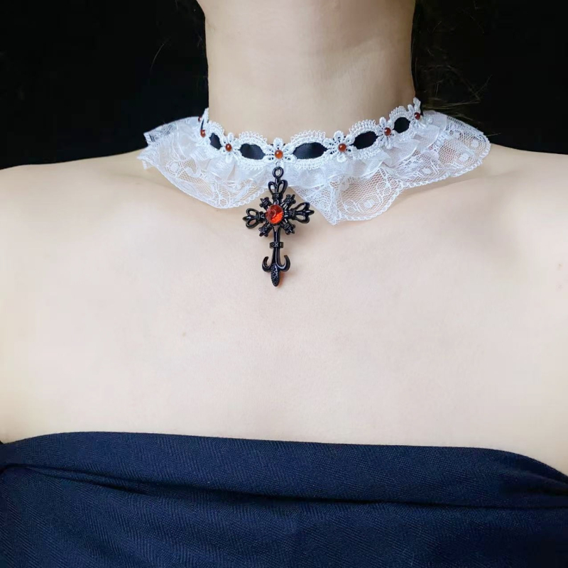 Ručno izrađeni čipkasti choker s križem, klavikularna lanac, za žene, sladak i cool stil, oblik: cvjetovi/geometrija