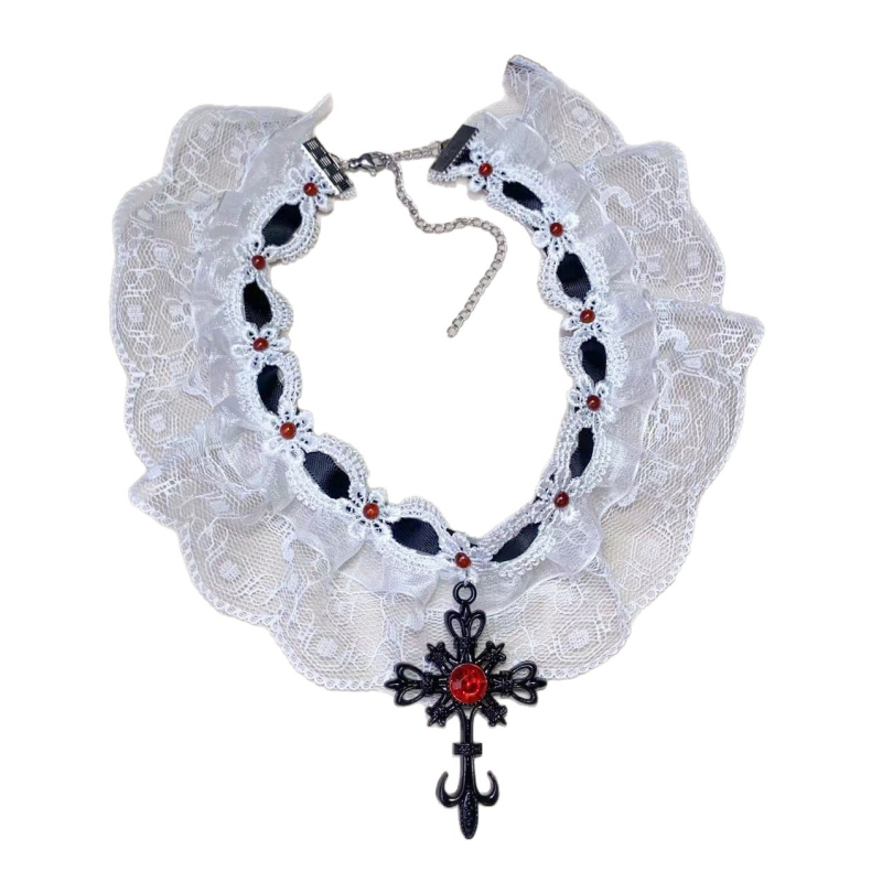 Ručno izrađeni čipkasti choker s križem, klavikularna lanac, za žene, sladak i cool stil, oblik: cvjetovi/geometrija