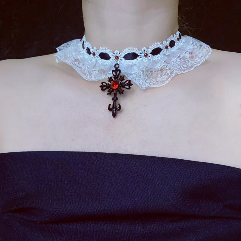 Ručno izrađeni čipkasti choker s križem, klavikularna lanac, za žene, sladak i cool stil, oblik: cvjetovi/geometrija