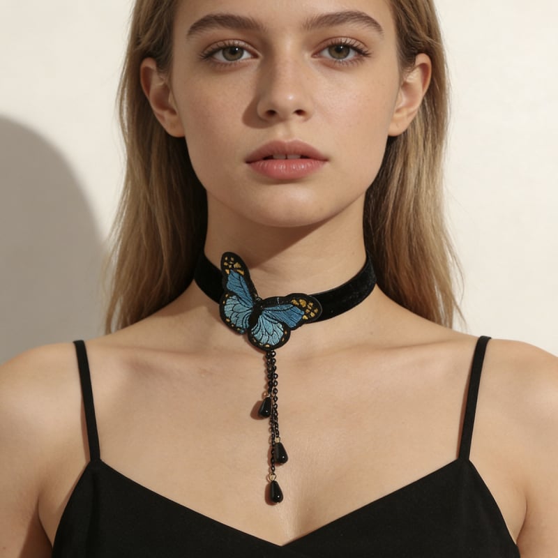 Чокър с пеперуден мотив, пластмасова висулка, верига o-link, обиколка 41–50 см