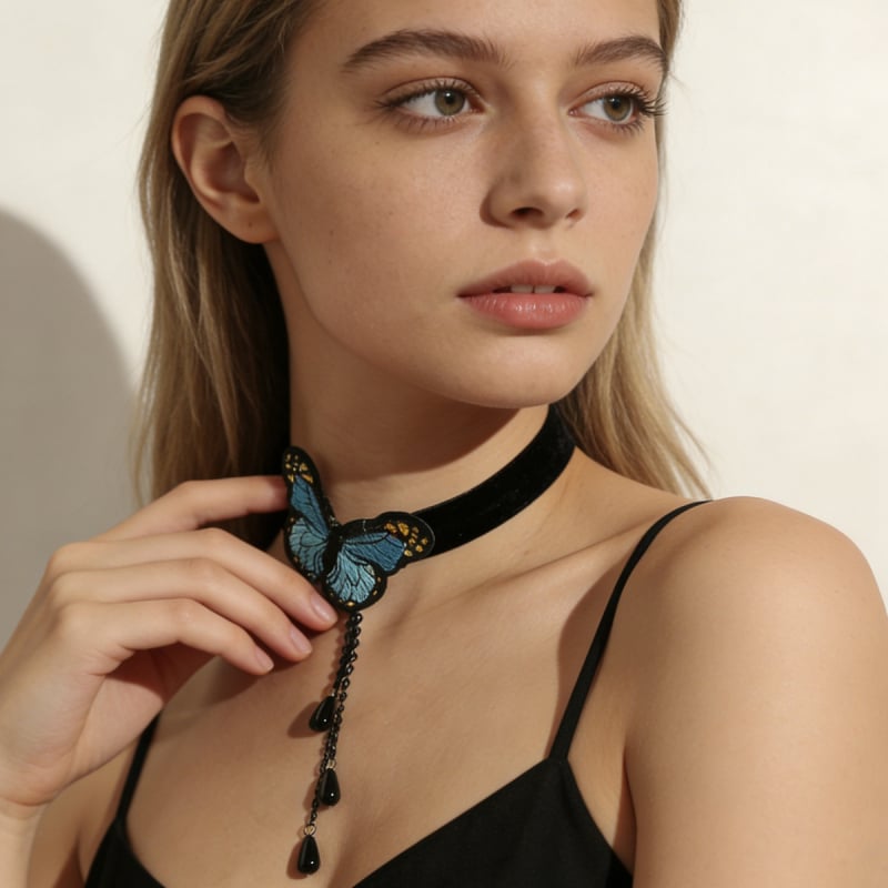 Чокър с пеперуден мотив, пластмасова висулка, верига o-link, обиколка 41–50 см