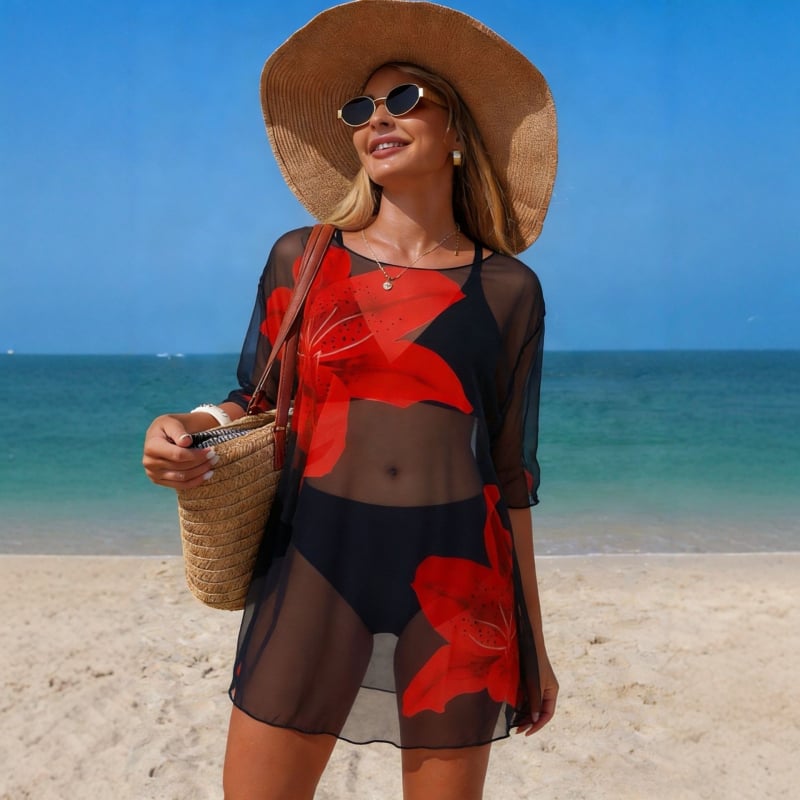 3 részes bikini szett virágos háló mintával, UV védelem, poliészter hálóanyag, 330 gsm, bélés poliészter