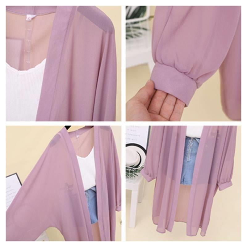 Шифонен кардиган UV защита, женски, средна дължина 65–80 см, поло яка, дълги ръкави