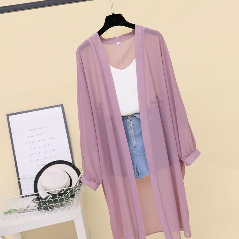 Шифонен кардиган UV защита, женски, средна дължина 65–80 см, поло яка, дълги ръкави