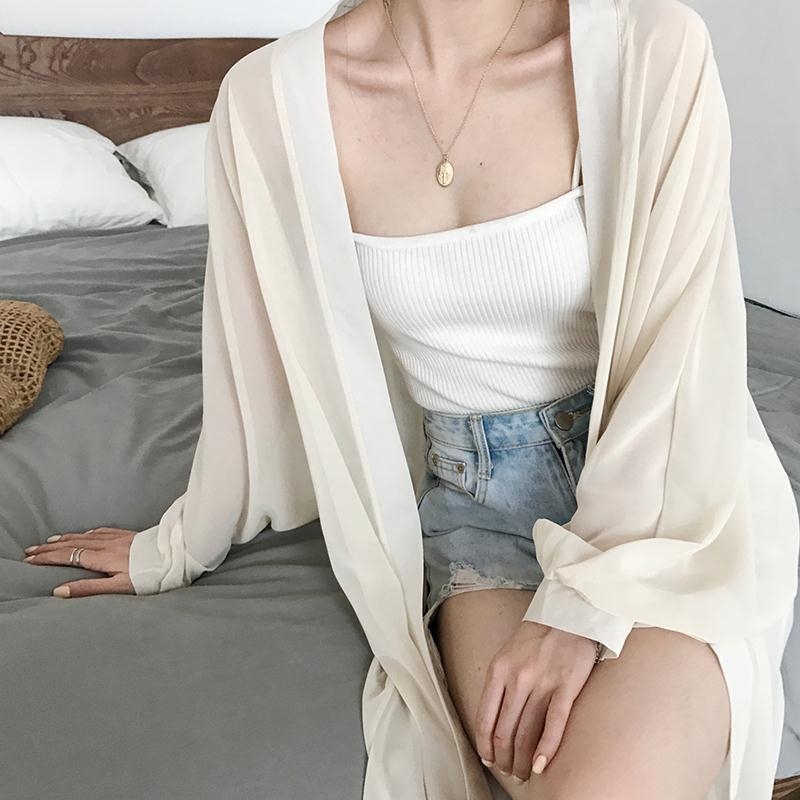 Шифонен кардиган UV защита, женски, средна дължина 65–80 см, поло яка, дълги ръкави