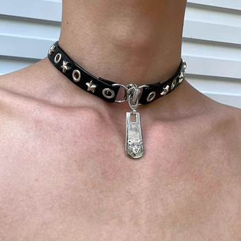 Огърлица с глава на леопард и цип – Хараджуку готик субкултура, минималистичен стил (Материал: Cortex; Висулка: Сплав; Форма: Животно/Зодия; Веригата: колие за ключица)