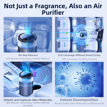 Automobilski aromaterapijski difuzor – metalni držač, Freesia miris, isparavanje 31–60 dana, 8 načina osvjetljenja, rok trajanja 1 godina