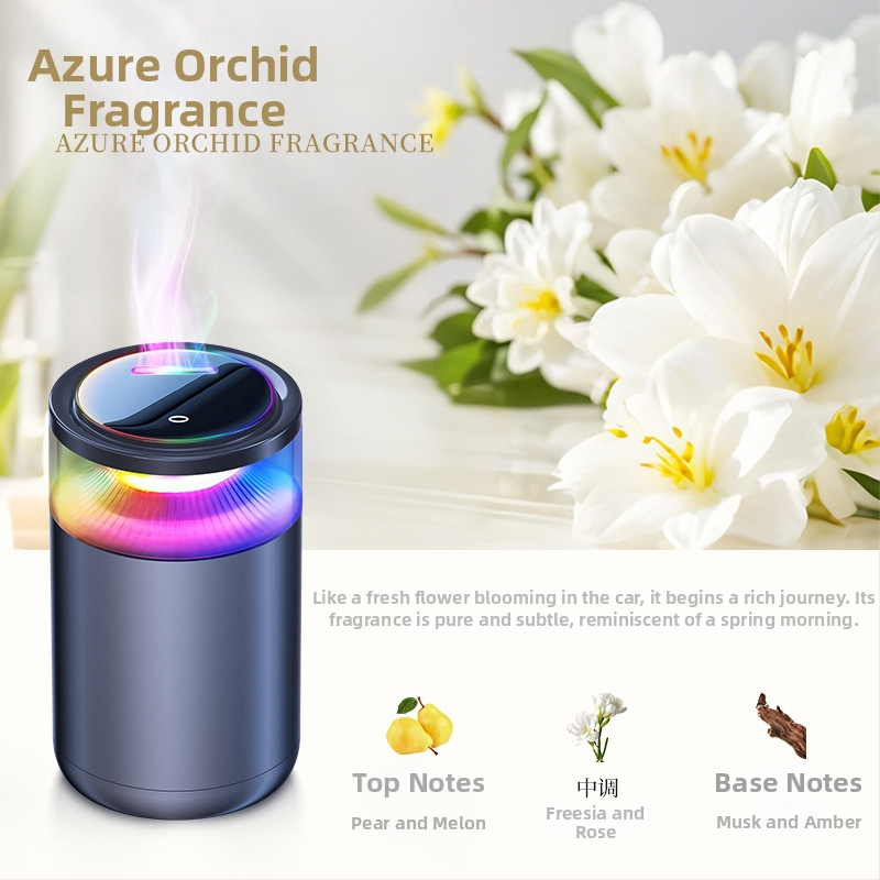 Automobilski aromaterapijski difuzor – metalni držač, Freesia miris, isparavanje 31–60 dana, 8 načina osvjetljenja, rok trajanja 1 godina