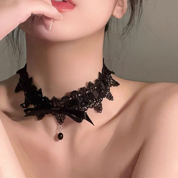 Choker ogrlica s čipkastim mašnicom, klavikularni lanac, korejski stil, materijal: tekstil, elektroplating
