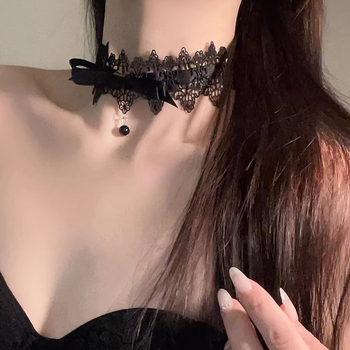 Choker ogrlica s čipkastim mašnicom, klavikularni lanac, korejski stil, materijal: tekstil, elektroplating