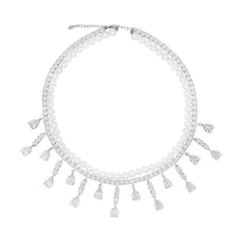 Csepp alakú medálos nyakék, többsoros gyöngyös lánc, könnyed luxus stílus (Anyag: utánzat gyöngy; Medál anyaga: ötvözet; Súly: 25 g)