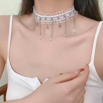 Ogrlica s privjeskom zvijezda i resastim čipkastim chokerom, lanac ključne kosti, privjesak od legure, 13 g