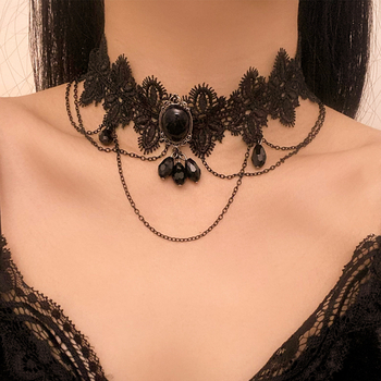 Colier cu guler din dantelă, pandantiv din cristal în formă de picătură, aliaj, lucrat manual, lanț clavicular