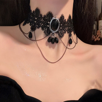 Colier cu guler din dantelă, pandantiv din cristal în formă de picătură, aliaj, lucrat manual, lanț clavicular