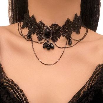 Colier cu guler din dantelă, pandantiv din cristal în formă de picătură, aliaj, lucrat manual, lanț clavicular