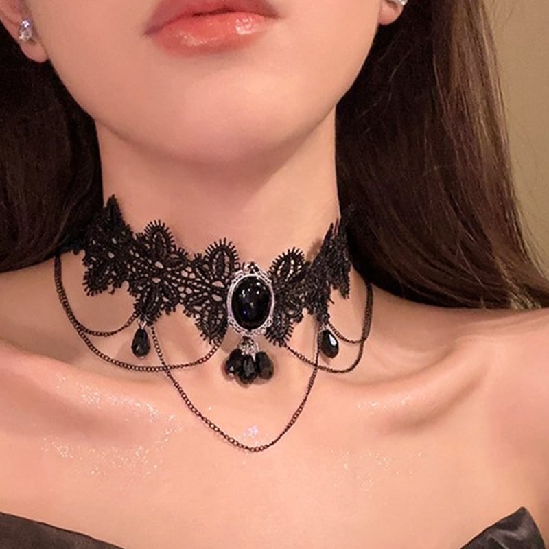 Colier cu guler din dantelă, pandantiv din cristal în formă de picătură, aliaj, lucrat manual, lanț clavicular