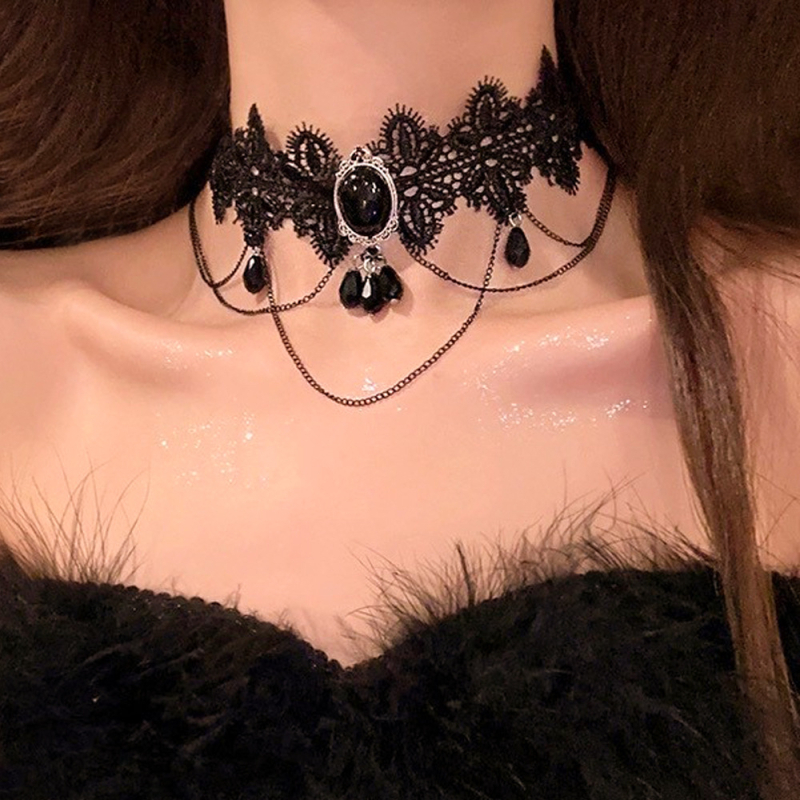 Colier cu guler din dantelă, pandantiv din cristal în formă de picătură, aliaj, lucrat manual, lanț clavicular