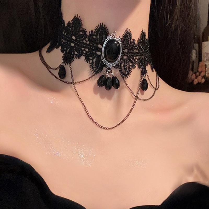 Colier cu guler din dantelă, pandantiv din cristal în formă de picătură, aliaj, lucrat manual, lanț clavicular