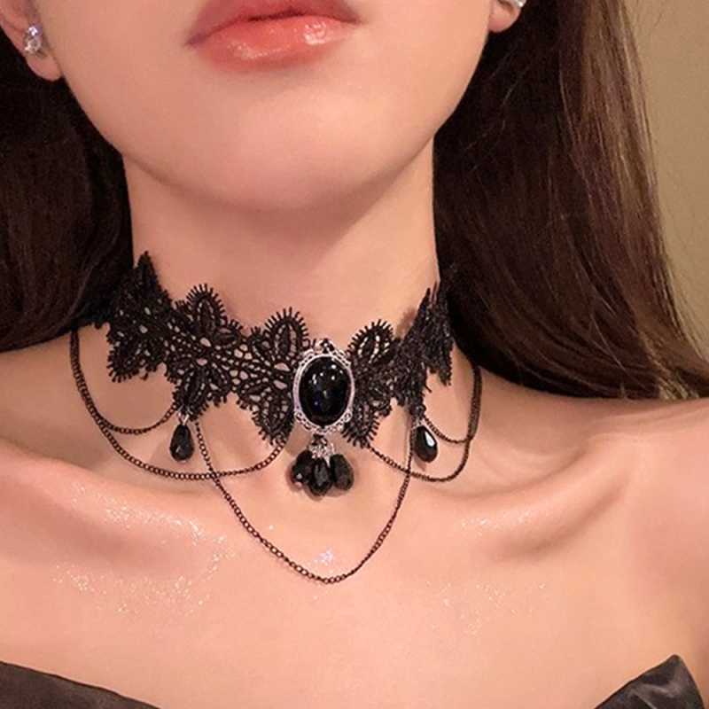 Colier cu guler din dantelă, pandantiv din cristal în formă de picătură, aliaj, lucrat manual, lanț clavicular